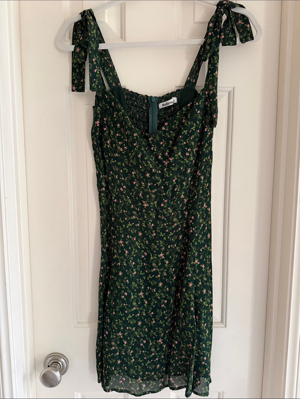 Reformation Dark Green Floral Tie-Strap Mini Dress